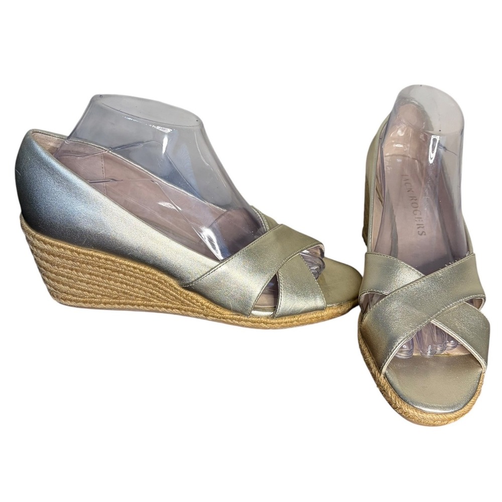 NWOB Jack Rogers Gold Espadrille Wedge Sandals Metallic Leather Women Size 9M
